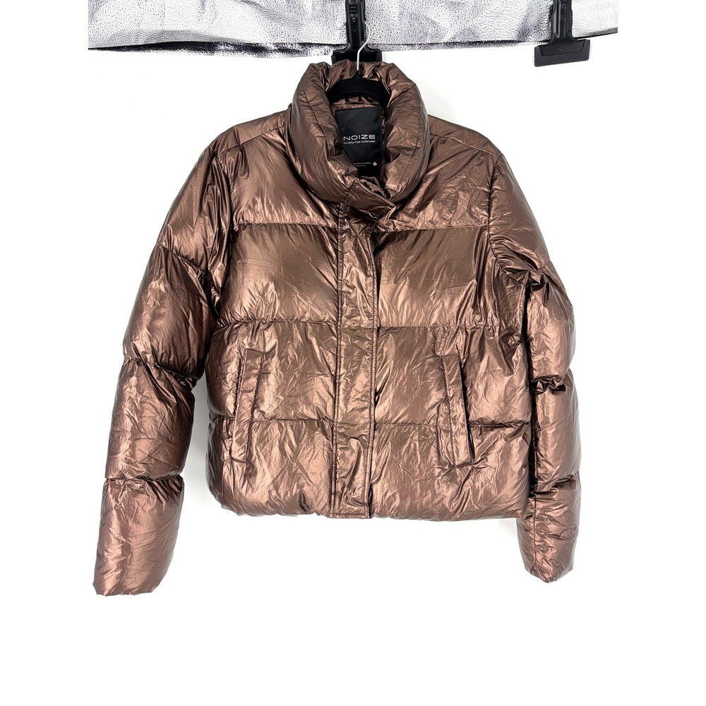 NOIZE Womens Metallic Bronze Puffer Jacket Large Cruelty-Free Funnel Neck Coat